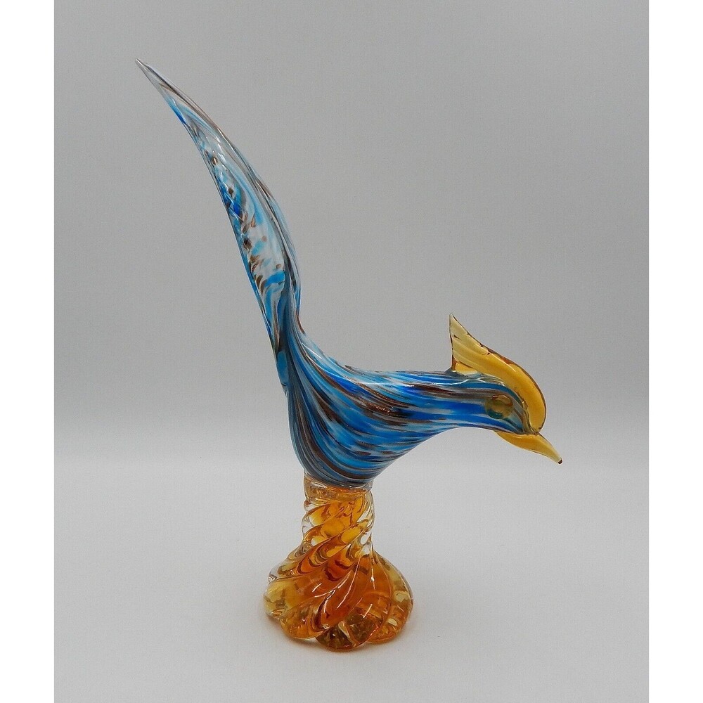 Murano Roadrunner Pheasant Bird Art Glass Jordon Imports Blue White Gold Flecks